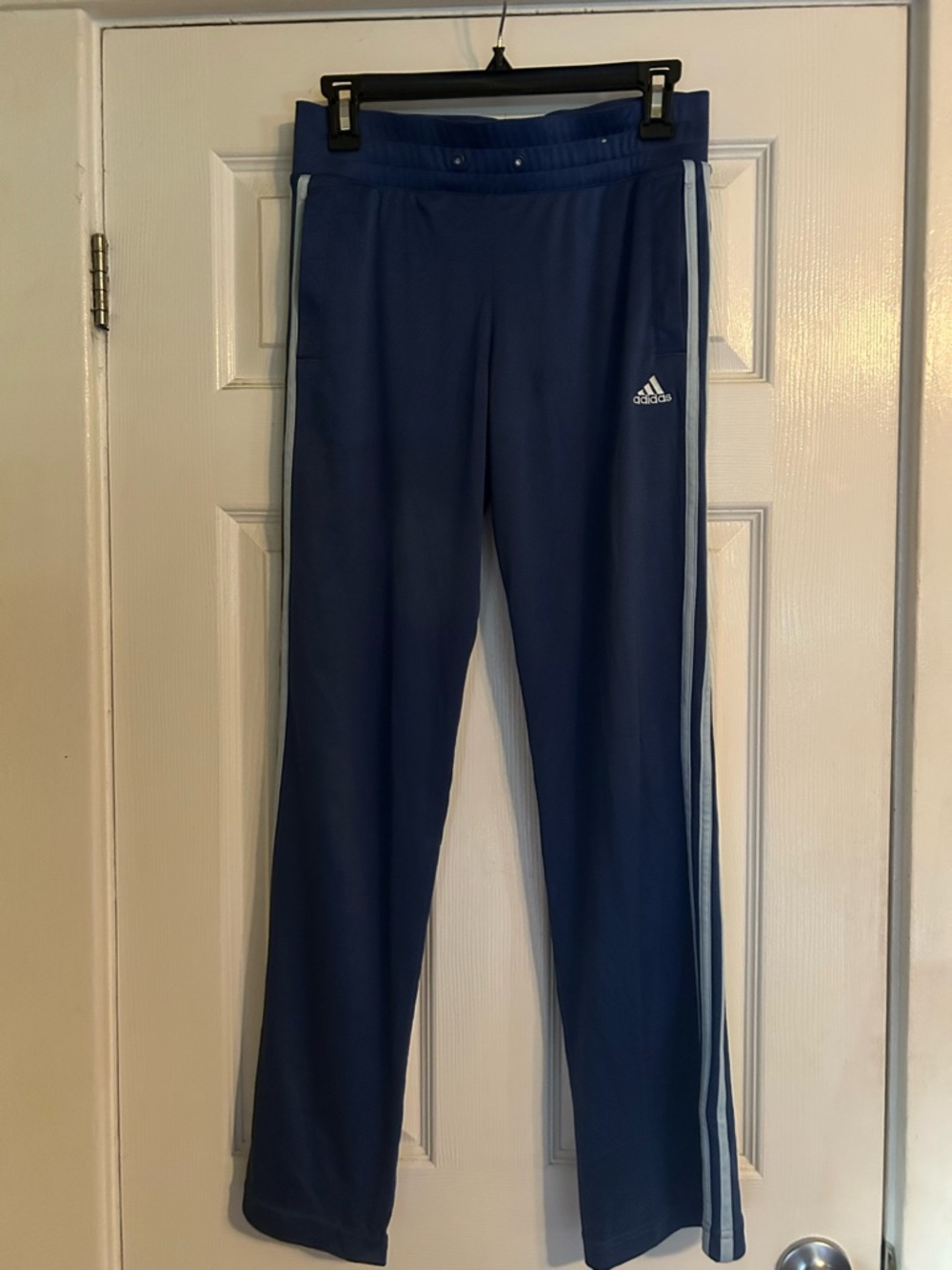 adidas Women’s Blue Track Pants with White Side Stripes